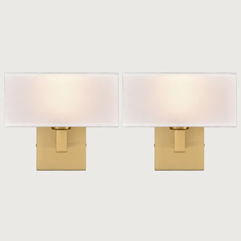 Set of 2 Modern Brushed Brass Gold with White Fabric Shade Wall Sconces for Bedroom